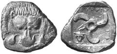 GRIECHISCHE MüNZEN DYNASTEN VON LYKIEN No.: 209 Schätzpreis-Estimation: EUR 300,- d=22 mm MITHRAPATA. Stater, ca. 380-375. Löwenskalp in Aufsicht. Rs: " miQrapa - ta " (in lykischer Schrift). Triskele