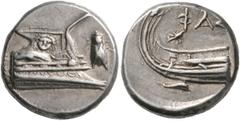 GRIECHISCHE MÜNZEN LYKIEN. PHASELIS. Stater, 4th century BC. Prow of galley right, fighting platform decorated with facing gorgoneion; to right, cicada upward. Rev: ΦAΣ. Stern of galley left; below, d