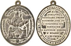 WALLFAHRT Sammlung Rudolf von Höfken. Zolkiew (Schowkwa; Ukraine, Oblast Lemberg) Erinnerungsmedaille an die Wiederbestattung zweier polnischer Königssöhne. Messing 1862, versilbert. Oval, gehenkelt, 