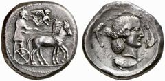 GRIECHISCHE MüNZEN SIKULO-PUNISCHE PRäGUNGEN PANORMOS No.: 69 Schätzpreis-Estimate: EUR 600 d=28 mm Tetradrachmon, ca. 450-430. Quadriga im Schritt nach rechts fahrend, der bärtige Lenker in Chiton hä
