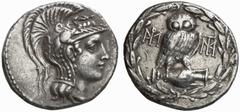 GRIECHISCHE MüNZEN ATTIKA No.: 299 Schätzpreis-Estimate: EUR 400.- d=28 mm ATHEN. Tetradrachmon, ca. 86-84, unter Sulla. Kopf der Athena mit attischem Helm (verziert mit vier Pferdeprotomen) rechts. R