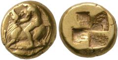 GRIECHISCHE MÜNZEN MYSIEN. KYZIKOS. Electrum Hekte (1/6 Stater), 400-350. Eros standing left, astride bull crouching left, which he holds by its horns; below, tunny left. Rev: Quadripartite incuse squ