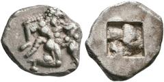GRIECHISCHE MÜNZEN INSELN VOR THRAKIEN. THASOS. Diobol, 500-480. Archaic ithyphallic satyr running right, masturbating. Rev: Quadripartite incuse square. Rosen 145; SNG Copenhagen 192 (Lete); Cf. HGC 