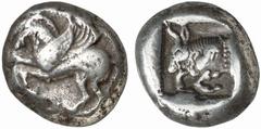 GRIECHISCHE MüNZEN DYNASTEN VON LYKIEN UNBESTIMMTE DYNASTEN No.: 214 Schätzpreis-Estimate: EUR 400,- d=18 mm Stater, ca. 480-440. Pegasos nach links fliegend. Rs: Stierprotome mit dem lykischen Buchst