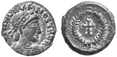 BONIFATIUS No.: 670 Schätzpreis-Estimation: DM 900.- d=11 mm Halbcentenionalis, 423-425, Carthago. DOMINORVM NOSTRORV. Büste mit Rosettendiadem, Paludament und Panzer rechts. Rs: Lorbeerkranz mit absc