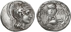 GRIECHISCHE MüNZEN PELOPONNES No.: 350 Schätzpreis-Estimate: EUR 500 d=28 mm UNBESTIMMTE MüNZSTäTTE. Pseudo-athenisches Tetradrachmon, sog. Leukolleion, 87/6 v. Chr. Kopf der Athena im attischen Helm 