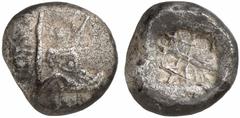 GRIECHISCHE MüNZEN LYKIEN PHASELIS No.: 422 Schätzpreis-Estimate: EUR 500 d=20 mm Stater, ca. 530/20 Schiffsbug, der die Züge eines Ebers trägt (Auge, Ohr, Schnauze und Vorderbein), oben mit Rundschil