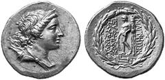 GRIECHISCHE MüNZEN IONIEN MAGNESIA AM MäANDER No.: 266 Schätzpreis-Estimation: DM 3000,- Tetradrachmon, ca. 155 - 140. Drapierte Büste der Artemis mit Stephane rechts, hinter der linken Schulter Bogen