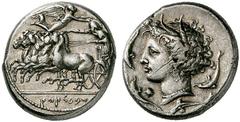 GRIECHISCHE MÜNZEN SIZILIEN PANORMOS Tetradrachmon, 340-320. Viergespann im vollen Galopp nach links. Der Lenker, weit vorgebeugt, treibt mit dem Kentron die Pferde an. Oben Niken nach rechts dem Lenk