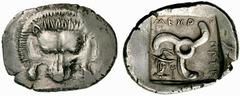 GRIECHISCHE MÜNZEN DYNASTEN VON LYKIEN MITHRAPATA (ca. 380 - ca. 360) Stater. Löwenskalp en face; Rs: MECR-A-PATA. Triskelis. Im Feld links unten drapierte Büste des Hermes mit geflügeltem Petasos, da