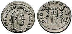 RÖMISCHE MÜNZEN KAISERREICH PHILIPPUS I. ARABS (244 - 249) Antoninian, Antiochia, undatiert. IMP M IVL PHILIP PVS AVG. Drapierte Panzerbüste mit Strahlenkrone nach rechts. Perlkreis; Rs: FIDES EXERCIT