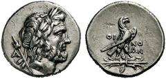 GRIECHISCHE MÜNZEN LYKIEN OINOANDA Didrachme, 188/187 (Jahr 1). Kopf der Zeus mit Lorbeerkranz nach rechts, über der Schulter lotusbekröntes Szepter, dahinter A. Rs: OΙ-ΝΟ/ΑΝ. Adler auf geflügeltem Bl