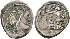 RÖMISCHE REPUBLIK P. Vettius Sabinus. Quinar, 99. Kopf des Jupiter mit Lorbeerkranz rechts, dahinter B zwischen drei Punkten. Rv/ P SABIN. Victoria bekränzt Tropaeum, im Abschnitt Q, im Feld r. B zwis