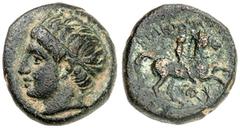 GRIECHISCHE MÜNZEN KÖNIGE VON MAKEDONIEN. Philippos II, 359-336. Bronze (Æ 19), Ungesicherte makedonische Münzstätte, ca. 359-294. Kopf des Apollon mit Tainia links. Rv/ ΦIΛIΠΠOY. Jugendlicher Reiter 