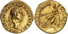 RÖMISCHE MÜNZEN TRAIANUS, 98-117 Aureus, Rom, 98. IMP CAES NERVA TRAIAN AVG GERM. Kopf mit Lorbeerkranz rechts. Rv/ PONT MAX TR – POT COS II. Germania mit entblößter Brust auf einem Schilderhaufen n. 