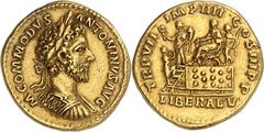 RÖMISCHE MÜNZEN COMMODUS, 177-192 Aureus, Rom, 182. M COMMODVS ANTONINVS AVG. Panzerbüste mit Lorbeerkranz rechts. Rv/ TR P VII – IMP IIII C–OS III P P / LIBERAL V (im Abschnitt). Commodus, in Toga, a
