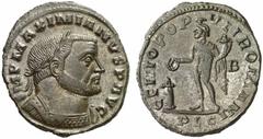 RÖMISCHE KAISERZEIT MAXIMIANUS HERCULIUS, 286-305 und 307-310 Nummus, Lugdunum, 302-304. IMP MAXIMIANVS P AVG. Panzerbüste mit Lorbeerkranz rechts. Rv/ GENIO POP–VLI ROMANI/B/PLG. Genius mit Patera un