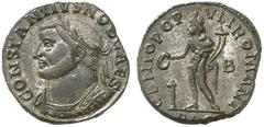 RÖMISCHE KAISERZEIT CONSTANTIUS CHLORUS, Caesar 293-305, Augustus 305-306 Nummus, Lugdunum, 300-302. CONSTANTIVS NOB CAES. Panzerbüste mit Lorbeerkranz links. Rv/ GENIO POP–VLI ROMANI / B / PLG. Geniu