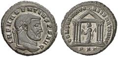 RÖMISCHE KAISERZEIT MAXENTIUS, 306-312 Nummus, Carthago, Sommer 307. IMP MAXENTIVS P F AVG. Kopf mit Lorbeerkranz rechts. Rv/ CONS ERVATO–RES KART SVAE / PKG. Sechssäuliger Tempel, darin Carthago en f