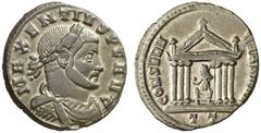 RÖMISCHE KAISERZEIT MAXENTIUS, 306-312 Nummus, Ticinum, 307-308. MAXENTIVS P F AVG. Büste mit Lorbeerkranz, Panzer und paludamentum rechts. Rv/ CONSERV – VRB SVAE / TT. Sechssäuliger Tempel, darin Rom