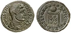 RÖMISCHE KAISERZEIT CONSTANTINUS I, Augustus 307-337 Nummus, Trier (Nachahmung nach ca. 322/3). CONSTHN–TINVS LVG. Konsularbüste mit Lorbeerkranz und Adlerzepter rechts. Rv/ BITA (sic) TRAN–QVILLITAS 