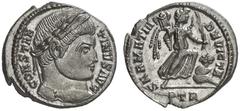 RÖMISCHE KAISERZEIT CONSTANTINUS I, Augustus 307-337 Nummus, Trier, 323-324. CONSTAN–TINVS AVG. Kopf mit Lorbeerkranz rechts. Rv/ SARMATIA – DEVICTA / PTR. Victoria mit Tropaeum und Palmzweig n. recht