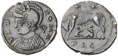 RÖMISCHE KAISERZEIT Urbs Roma Nummus, Lugdunum, 330. VRBS – ROMA. Behelmte Büste der Dea Roma mit verziertem Mantel links. Rv/ Die Römische Wölfin mit zurückgewandtem Kopf n. links stehend, Romulus un