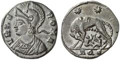 RÖMISCHE KAISERZEIT Urbs Roma Nummus, Aquileia, 334-335. VRBS–ROMA. Behelmte Büste der Dea Roma mit verziertem Mantel links. Rv/ Die Römische Wölfin mit zurückgewandtem Kopf n. links stehend, Romulus 