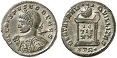 RÖMISCHE KAISERZEIT CRISPUS, ältester Sohn des Constantin, Caesar 317-326 Nummus, Trier, 321-322. IVL CRISPVS NOB CAES. Linksbüste mit Lorbeerkranz, Panzer, geschultertem Speer und reich verziertem Sc