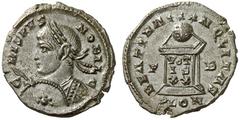 RÖMISCHE KAISERZEIT CRISPUS, ältester Sohn des Constantin, Caesar 317-326 Nummus, London 323-324. C–RISPVS – NOBIL C. Gepanzerte Linksbüste mit Lorbeerkranz, gezücktem Speer und Schild. Rv/ BEAT TRA–N
