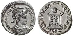 RÖMISCHE KAISERZEIT CONSTANTINUS II, Caesar 317-337 Nummus, London, 323-324. CONSTANTI–NVS IVN N C. Panzerbüste mit verziertem Helm rechts. Rv/ BEAT TRA–NQLITAS / PLON. Globus auf Altar mit der Inschr