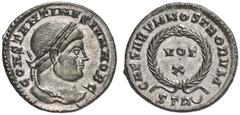 RÖMISCHE KAISERZEIT CONSTANTINUS II, Caesar 317-337 Nummus, Trier, 323-324. CONSTANTINVS IVN NOB C. Kopf mit Lorbeerkranz rechts. Rv/ CAESARVM NOSTRORVM / STRÈ. Lorbeerkranz, darin VOT / X. RIC 202, 4