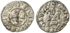 KREUZFAHRERSTAATEN HERZOGTUM ATHEN Guy II de la Roche, 1287-1308 . Billon denier tournois, Theben, nach 1294. +YGVI DVX LTЄNЄSY Befußtes Kreuz. Rv/ +YThЄBAHI CIVISY. Kastell. Malloy –. 0,77 g. Fast vo
