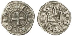 KREUZFAHRERSTAATEN HERZOGTUM ATHEN Guillaume de la Roche, 1280-1287 . Billon denier tournois, Theben. XG DVX·ΛT'N'S· Befußtes Kreuz. Rv/ XTh'B' CIVIS ’ Kastell. Malloy 87c. 0,84 g. Sehr schön