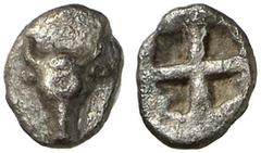 GRIECHISCHE MÜNZEN TROAS. Lamponeia. Hemiobol, 500-475. Bukranion. Rv/ Viergeteiltes Quadratum incusum. Traité Tf. CLXIII, 21. SNG München 2648. Klein 316. 0,35 g. Selten. Getönt, sehr schön Estimatio