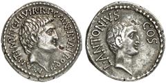 RÖMISCHE MÜNZEN IMPERATOREN DER BÜRGERKRIEGSZEIT. MARCUS ANTONIUS und LUCIUS ANTONIUS. Denar des Proquästors M. Cocceius Nerva, 41, kleinasiatische Feldmünzstätte (Ephesus?). M•ANT•AVG III•VIR•R•P•C M