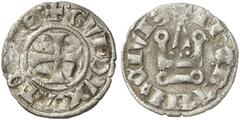 KREUZFAHRERSTAATEN HERZOGTUM ATHEN. Guy II de la Roche, 1287-1308. Theben, nach 1294. Billon denier tournois. X•GVI•DVX*ΛTЄNЄS• Befußtes Kreuz. Rv/ XThЄBAHI*CIVIS. Kastell. Malloy 93. 0,79 g. Sehr sch