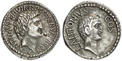 RÖMISCHE MÜNZEN IMPERATOREN DER BÜRGERKRIEGSZEIT. MARCUS ANTONIUS und LUCIUS ANTONIUS. Denar (subärat) des Proquästors M. Cocceius Nerva, 41, kleinasiatische Feldmünzstätte (Ephesus?). M•ANT•AVG III•V
