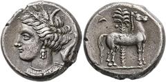 GRIECHISCHE MÜNZEN SIZILIEN. Sikulo-punische Prägungen. Tetradrachmon, Entella, ca. 350-320/15. Kopf der Arethusa mit Ähren-kranz, Ohr- und Hals-schmuck links umgeben von vier Delphinen (nur einer sic