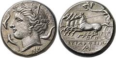 GRIECHISCHE MÜNZEN SIZILIEN. Syrakus. Agathokles, 317-289. Tetradrachmon, ca. 310-305. Kopf der Arethusa mit Schilfkranz, Ohranhänger und Halskette links, darunter NK, herum drei Delphine. Rv/ ΣΥΡΑΚΟΣ