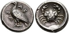 GRIECHISCHE MÜNZEN SIZILIEN . Akragas. Didrachme, ca. 480/78-470. AK / PA. Adler mit geschlossenen Schwingen n. links stehend. Rv/ Krabbe in rundem Incusum. SNG ANS 951; SNG München 51 (stempelgmeich)