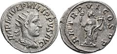 RÖMISCHE MÜNZEN RÖMISCHE KAISERZEIT. PHILIPPUS I ARABS, 244-249 . Antoninian, Antiochia, 249. IMP M IVL PHILIPPVS AVG. Drapierte Panzerbüste mit Stkr. rechts. Rv/ R M (sic) TR P VI COS P P. Felicitas 