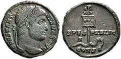 RÖMISCHE MÜNZEN RÖMISCHE KAISERZEIT. CONSTANTINUS I, Augustus 307-337 . Nummus, Constantinopolis, 327. CONSTANTI–NVS MAX AVG. Kopf mit Lorbeerkranz rechts. Rv/ SPES PVBLIC/A / CONS. Labarum mit drei M