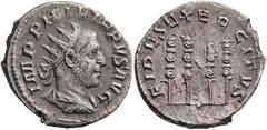 RÖMISCHE MÜNZEN RÖMISCHE KAISERZEIT. PHILIPPUS I ARABS, 244-249 . Antoninian, Antiochia, 249. IMP M IVL PHILIPPVS AVG. Drapierte Panzerbüste mit Stkr. rechts. Rv/ FIDES EXERCITVS. Vier Standarten nebe