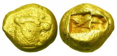 LYDIA. 650-561 BC. Electrum Third Stater (4.70 gm). Head of lion with wart on its nose / Two part incuse. Weidauer.86. Rosen.655. VF. Rare. Thought to be the first coin issued by mankind.
