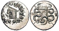 LYDIA, Tralles. 128-85 BC. AR Cistophoric Tetradrachm (12.60 gm) Cysta Mystica / Two serpents coiled around bow-case. SNG.vA.3259. Toned Near Mint. [Est. $700]