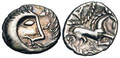 CELTIC BRITAIN, Iceni. Queen Boudicca, 61 AD. AR Unit (1.23 gm), Icenian class O. Celticized head / Celticized horse. S.434. Toned aXF. [Est. $425]