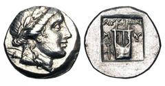 LYCIA, Lycian League, Myra. 167-81 BC. AR Drachm (3.66 gm). Laureate head of Apollo / Lyre with winged caduceus all in shallow incuse square. Troxell 34.1. Toned aXF. [Est. $400]