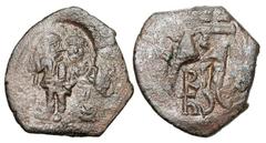 BYZANTINE EMPIRE. Heraclios, 610-641 AD. Æ Follis (6.94 gm) of Sicily. Countermark of busts of Heraclios and Heraclios Constantine / Monogram 22 and SCs. S.884. Countermark VF, brown black patina. Ove