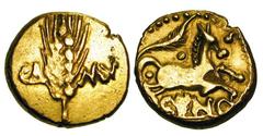 CELTIC BRITAIN. TRINOVANTES. Cunobeline, c.8-41AD. Gold Stater (5.46 gm) Plastic type. Grain-ear between CA MV / Celticized horse, branch above. Spink.286. BMC.1816. Rudd.ABC.2786. vArd.2010. aXF. [Es